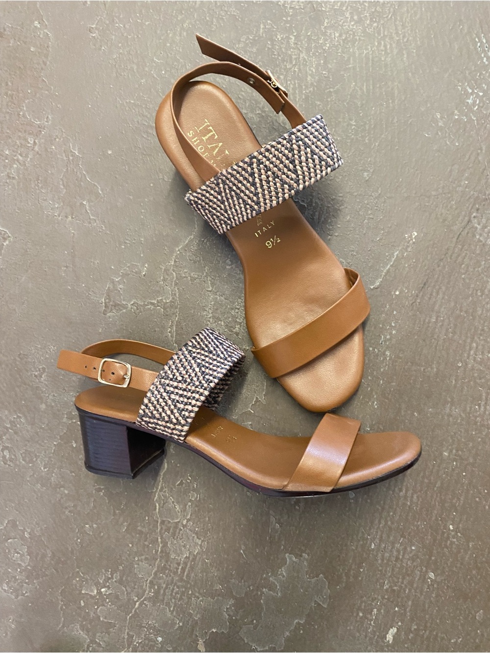 Italian Shoemakers Tan Block Heel Sandals with Woven Strap